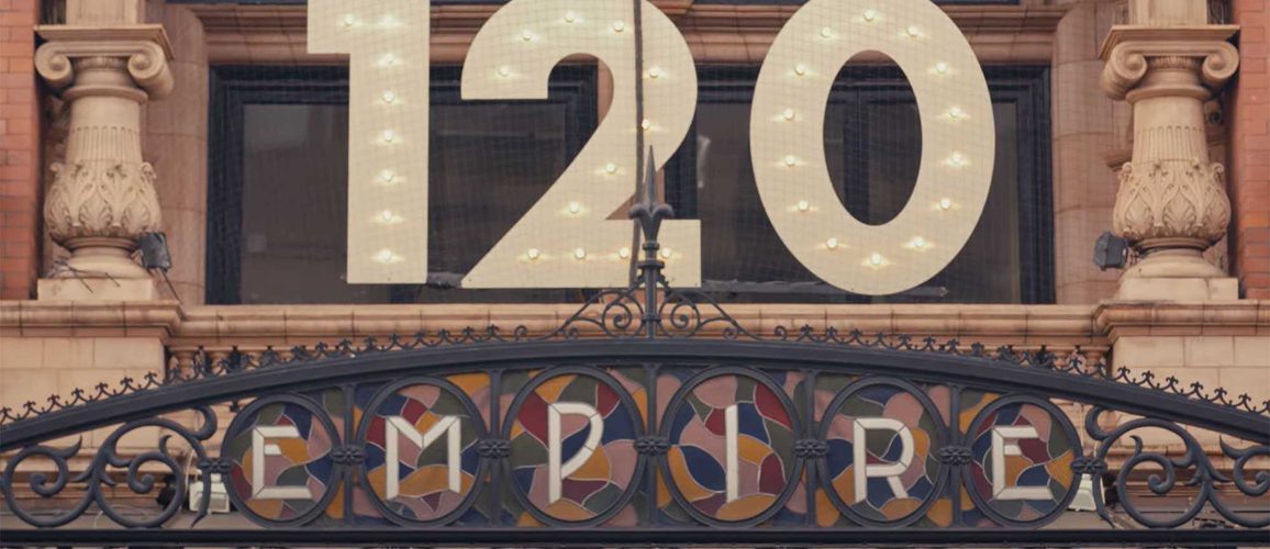 The front of Hackney Empire's entrance showing the 120th anniversary sign