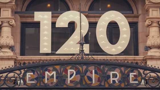 The front of Hackney Empire's entrance showing the 120th anniversary sign