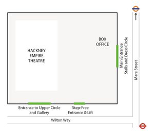 A outside floor plan of the theatre that highlights the different entrances to get into the theatre.