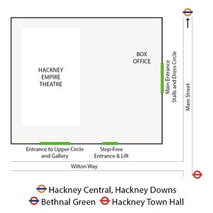 A outside floor plan of the theatre that highlights the different entrances to get into the theatre.