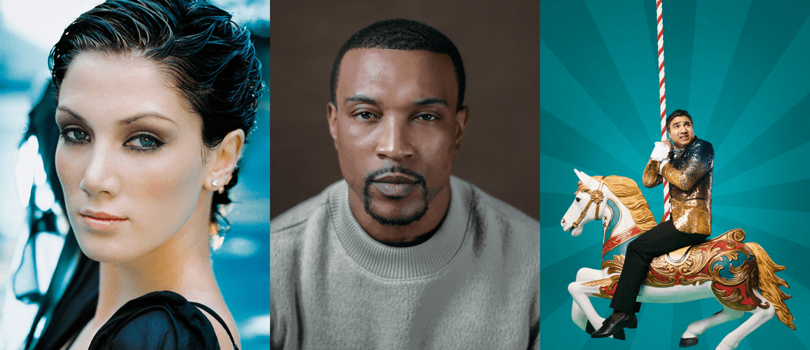 A collage of Delta Goodrem, Ashley Walters and Nick Mohammed alongside each other.