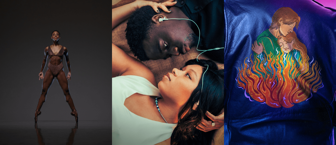A collage of three shows showing artwork for Ballet Black, Romeo and Juliet and English Touring Opera.