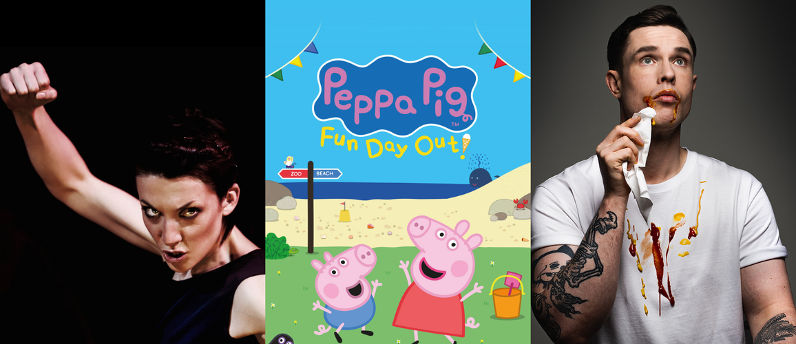 A collage image of Beautiful Evil Things, Peppa Pig and Ed Gamble