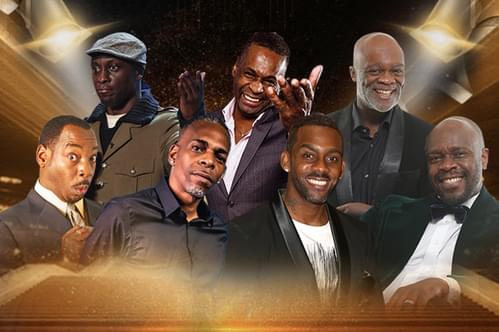 A collage of seven comedians that are performing as part of Pioneers of Comedy, all set against a black and gold background.
