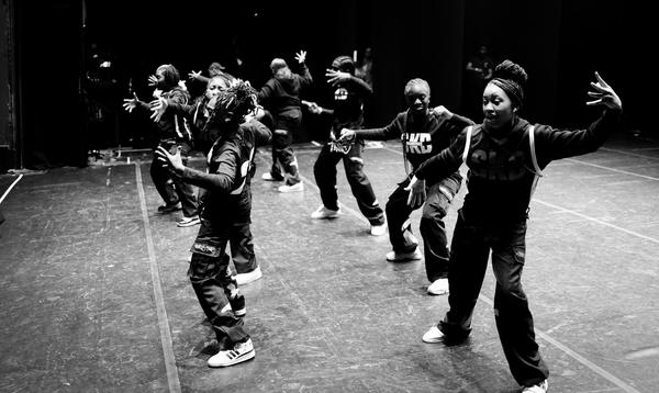 Black and white image of the dance group skaduces