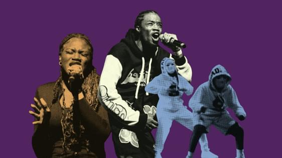 A collage made up of young people performing on stage against a purple background.