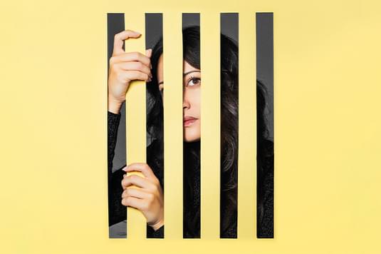 A woman's face is positioned behind a yellow graphic background with bars in it. She is holding onto one of the bars with her hands.