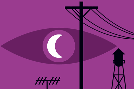 Against a purple background there is a shadow shaped as eye with a white moon inside as the pupil looking over the landline cables.