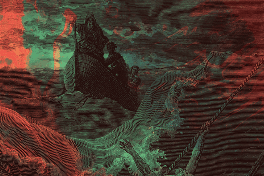 Lankum album artwork showing a ship in the waves of the sea in red and green colours.