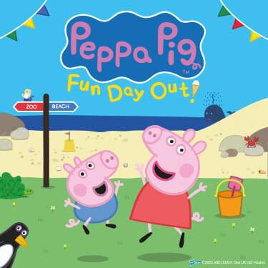 A photo of Peppa Pig with the title 'Peppa Pig Fun Day Out' against a grassy and sandy background.
