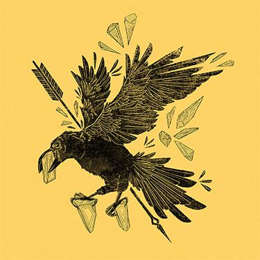 An image of a large bird with an arrow in its head carrying large stones in its beak and talons, set against a yellow background.