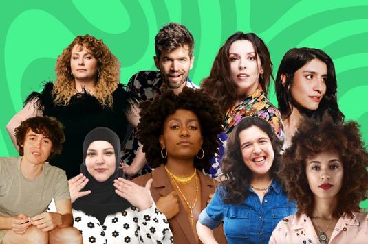 A collage of the comedians performing at this event against a green groovy type of background.