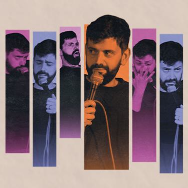 6 columns with photos of Fin Taylor pulling various faces whilst holding a microphone. The photos have colour washes of purple, pink, and orange.