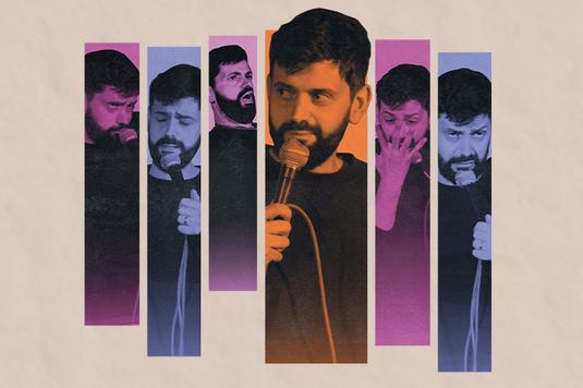 6 columns with photos of Fin Taylor pulling various faces whilst holding a microphone. The photos have colour washes of purple, pink, and orange.