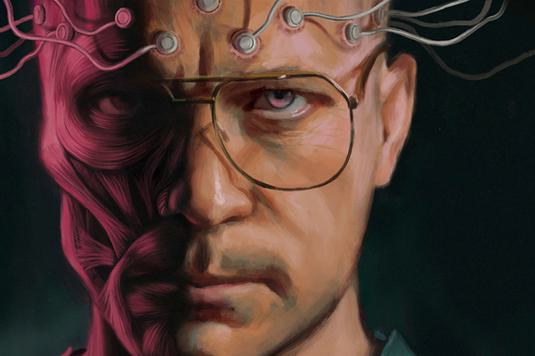 An illustration of Garth Marenghi from his book Incarcerat with one half of his face in shadow and electrodes on his head