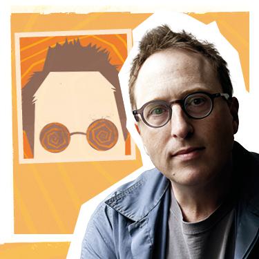 Jon Ronson is wearing black framed glasses with a grey top and blue shirt on top. He is against a orange background that has a animation drawing of himself on the left with hypnotised glasses lenses.