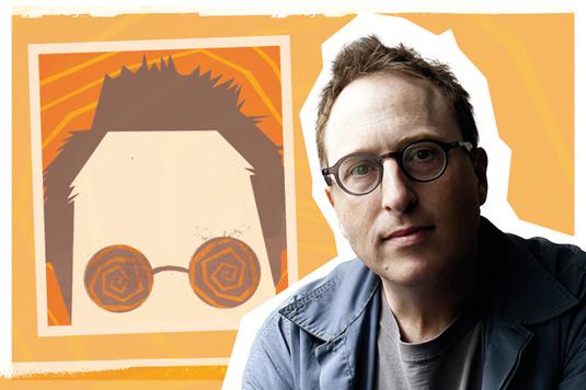 Jon Ronson is wearing black framed glasses with a grey top and blue shirt on top. He is against a orange background that has a animation drawing of himself on the left with hypnotised glasses lenses.