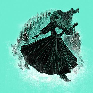An illustration of a woman in a black gown with a large heart in the centre of it surrounded by forest and ice, set against a turquoise background.
