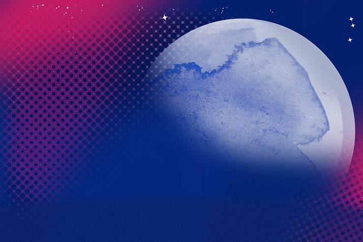 A blue and purple gradient background with a large, textured, semi-transparent sphere and dotted patterns, accented by small white stars.