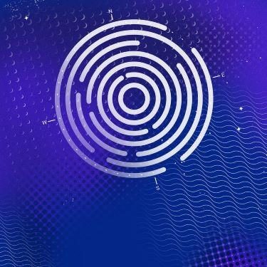 A white circular maze with four cardinal directions on a blue and purple abstract background with waves and dots.