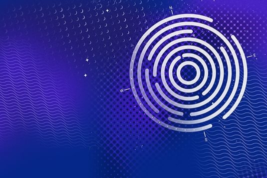 A white circular maze with four cardinal directions on a blue and purple abstract background with waves and dots.