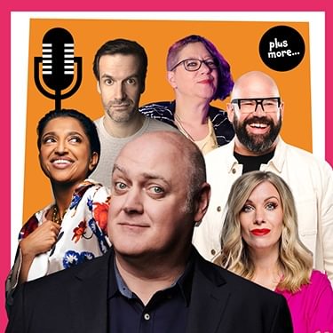 A collage of the six comedians taking place in Laughter to the Rafters against an orange background