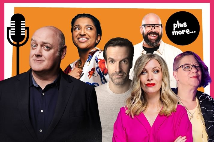 A collage of the six comedians taking place in Laughter to the Rafters against an orange background