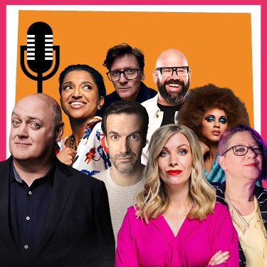 A collage of the comedians taking part in Laughter to the Rafters against an orange background