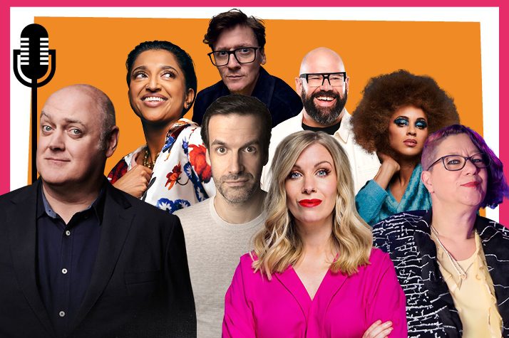 A collage of the comedians taking part in Laughter to the Rafters against an orange background