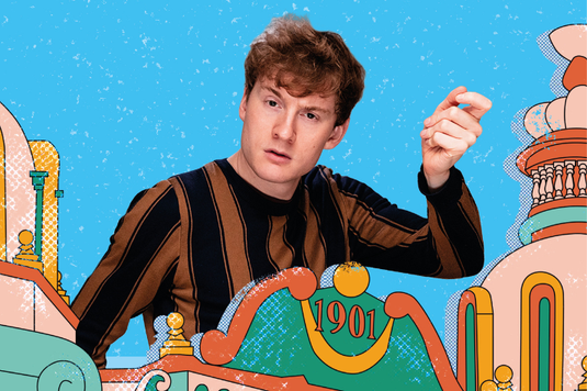 James Acasters image cropped into an illustration of Hackney Empire