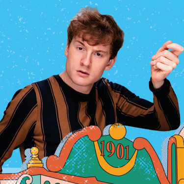 James Acasters image cropped into an illustration of Hackney Empire