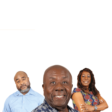 The three main characters images from the play are standing against a white background looking straight into the camera