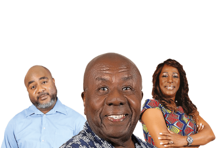The three main characters images from the play are standing against a white background looking straight into the camera
