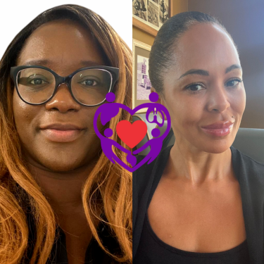 A collage of two of the speakers from Organs Unite with a purple heart in between them