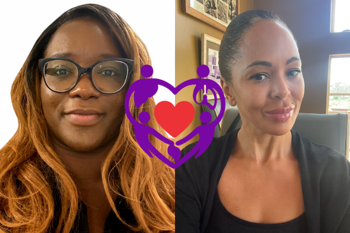 A collage of two of the speakers from Organs Unite with a purple heart in between them