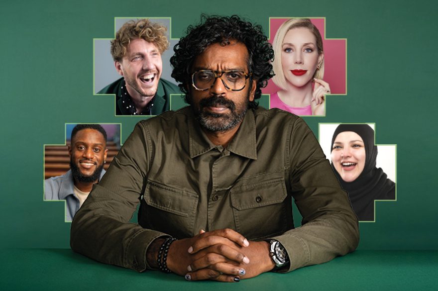 A collage of Romesh Ranganathan & Friends against a green background