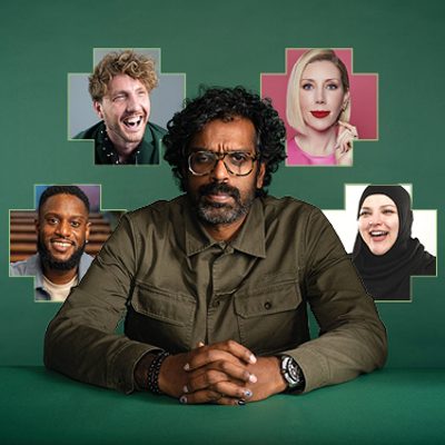 A collage of Romesh Ranganathan & Friends against a green background