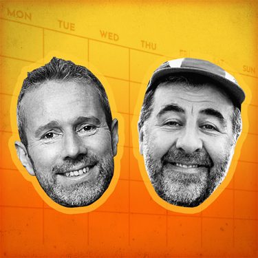 The faces of Max Rushden and David O’ Doherty stare straight at the lens in a friendly manner. They are in black and white on an orange background. The words ‘what did you do yesterday?’ appear above their heads.