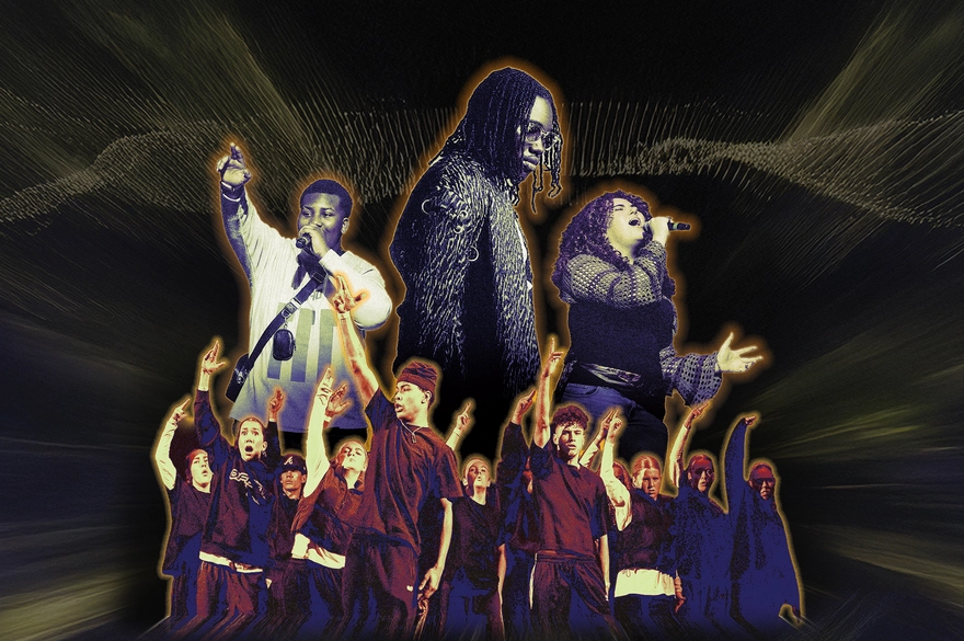 A collage of images put together with the sound wave put behind them.