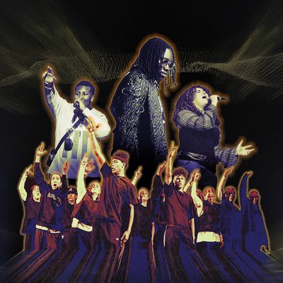 A collage of images put together with the sound wave put behind them.