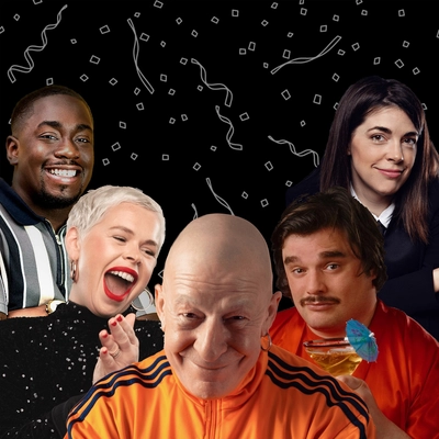 A collage of comedians performing at Belter for the shelter against a black background