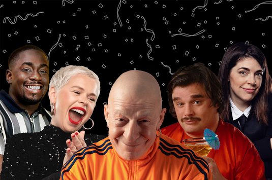 A collage of comedians performing at Belter for the shelter against a black background