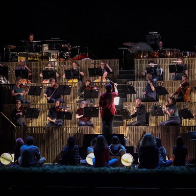 An orchestra is playing on raised rostras with the back of children sitting and watching them from the stage.