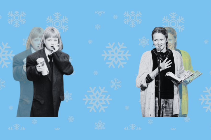 Image of Hollie McNish as a child on the left holding a can of larger and cigarettes while the older version on the right is holding a book and speaking into a microphone. This images is against a blue snowflake background.