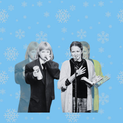 Image of Hollie McNish as a child on the left holding a can of larger and cigarettes while the older version on the right is holding a book and speaking into a microphone. This images is against a blue snowflake background.