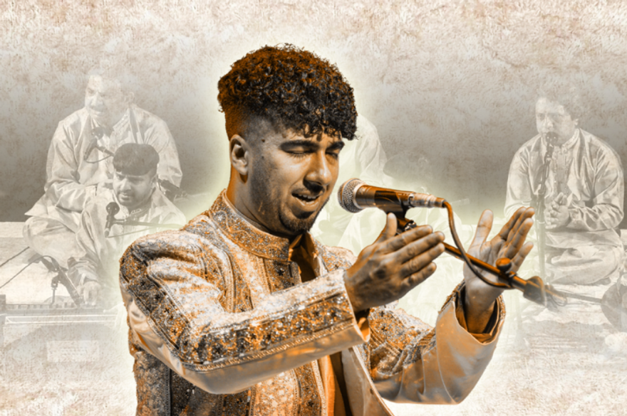 Chand Ali Khan is in a gold outfit and is singing into the microphone with his eyes and hands on either side of the microphone in the air.