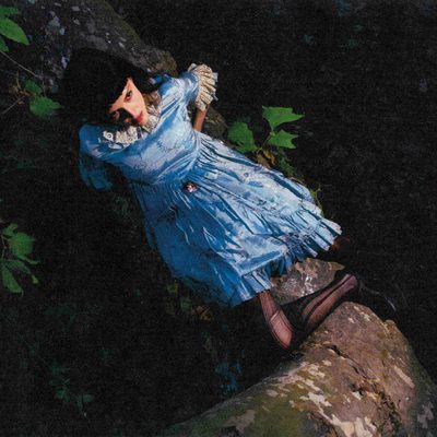 An aerial shot, looking down on María Zardoya lying on a raised tree branch, wearing a blue dress.