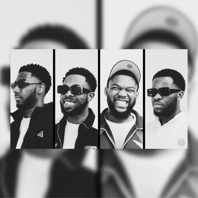 A collage of four black men in sunglasses, in a black and white contrast, each displaying unique poses and styles.