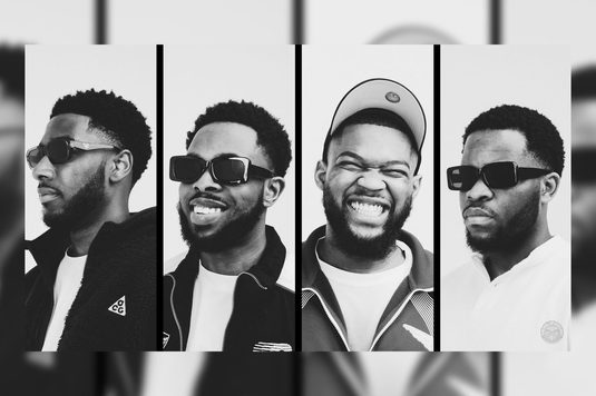 A collage of four black men in sunglasses, in a black and white contrast, each displaying unique poses and styles.