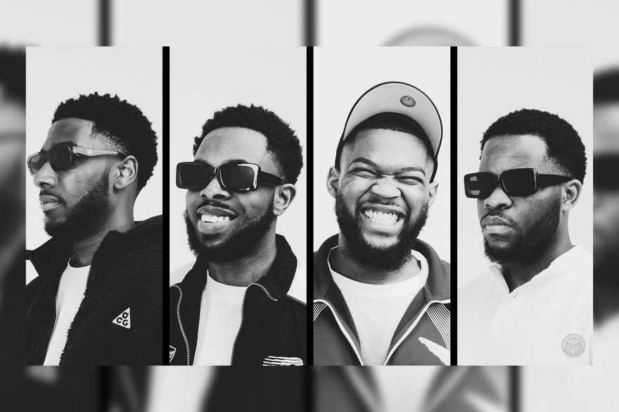 A collage of four black men in sunglasses, in a black and white contrast, each displaying unique poses and styles.